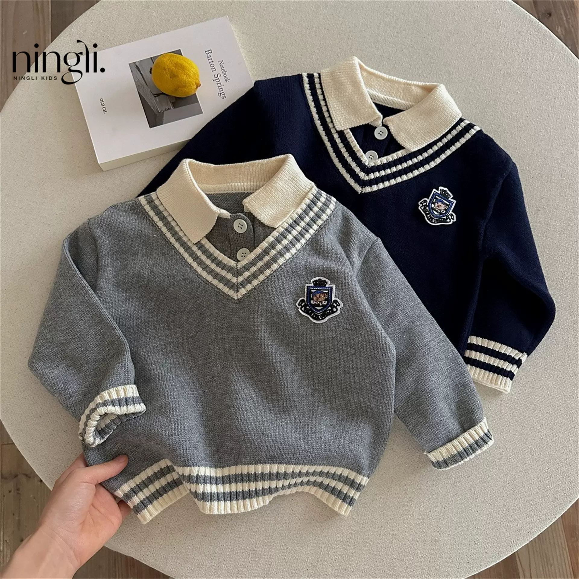 柠里男童加厚秋冬款假两件新款衬衫领帅气男孩百搭洋气毛衣潮跨境