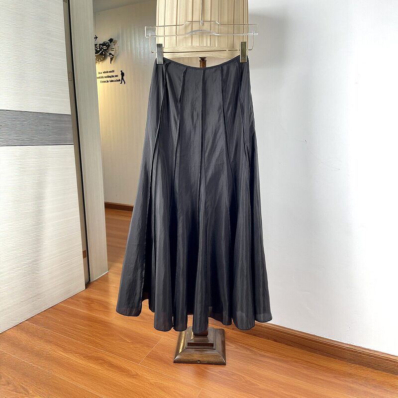 High-Waisted Pleated Umbrella Skirt with Large Hem, Women's Summer Thin Style, Elegant and Graceful Cupro Silk Sheer Long Skirt