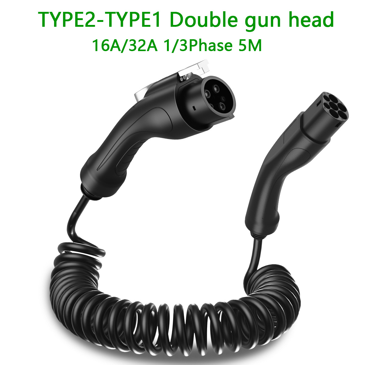 欧标转美标弹簧双枪线黑色16A32A TYPE1 toTYPE2电动汽车充电桩用