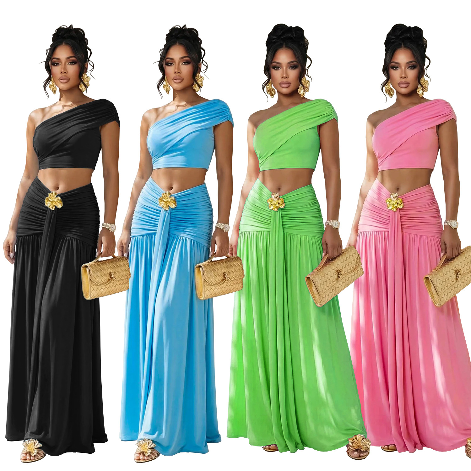 C7675 Aliexpress transfronterizo Amazon Europa y América moda de mujer sexy hombro inclinado blusa de ombligo vestido de traso conjunto