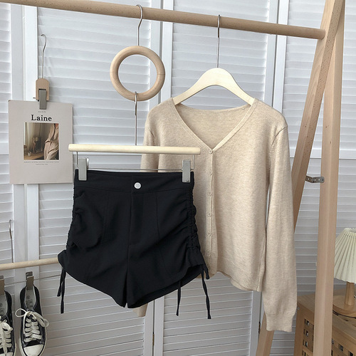 Women's Summer High-Waisted Slim-Fitting White Casual Pants with Side Straps, Korean Style, Versatile and Slimming, Outwear Short Pants