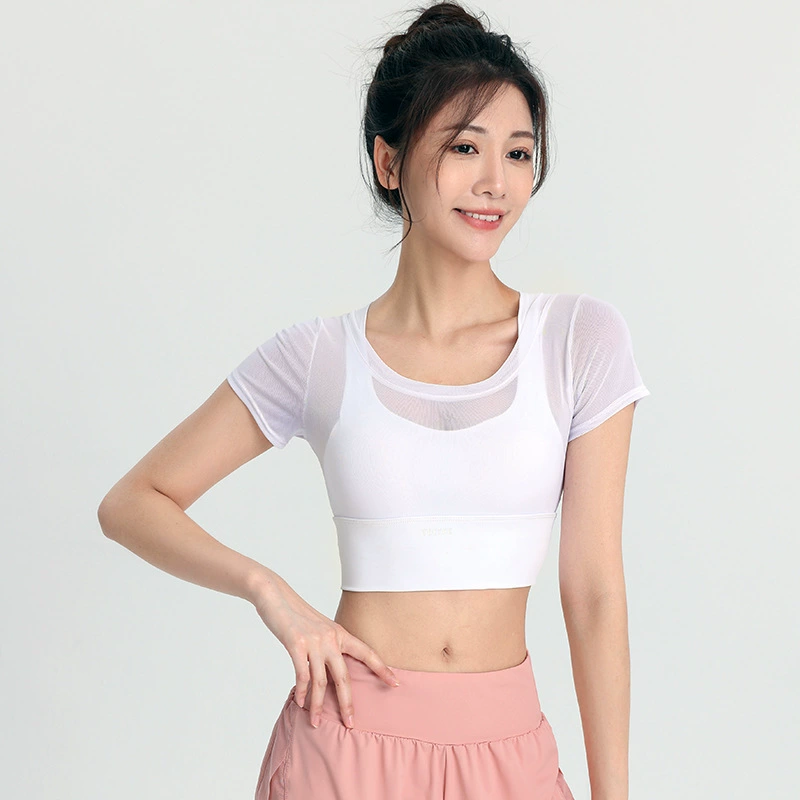 Одежда для йоги с нагрудным ковриком, Женский Быстросохнущий топ для бега и фитнеса, поддельный Двухсекционный облегающий дышащий сексуальный спортивный топ с коротким рукавом