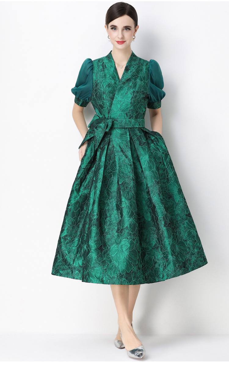 Đầm maxi nữ thắt eo V cổ tay ngắn họa tiết jacquard thanh lịch — màu đen, xanh lam, Màu hồng, màu trắng chi tiết 8