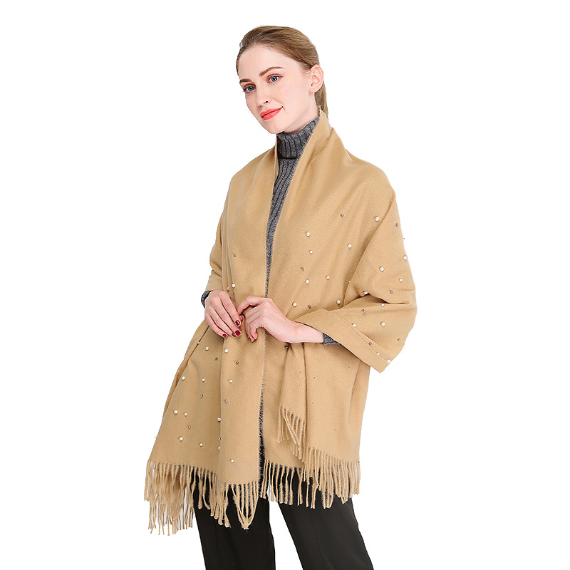 Vente chaude nouvelle automne et hiver couleur unie cheveux épineux clou perle châle en Europe et en Amérique, écharpe femme gland chaud épaissi_voghion.com