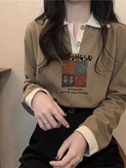 撞色polo领小熊印花长袖t恤打底衫女2025春秋新款宽松设计感上衣