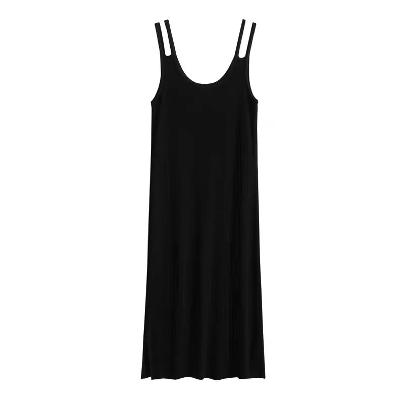 Đầm suông midi cổ yếm dây mảnh phong cách Pháp vintage — đen chi tiết 5