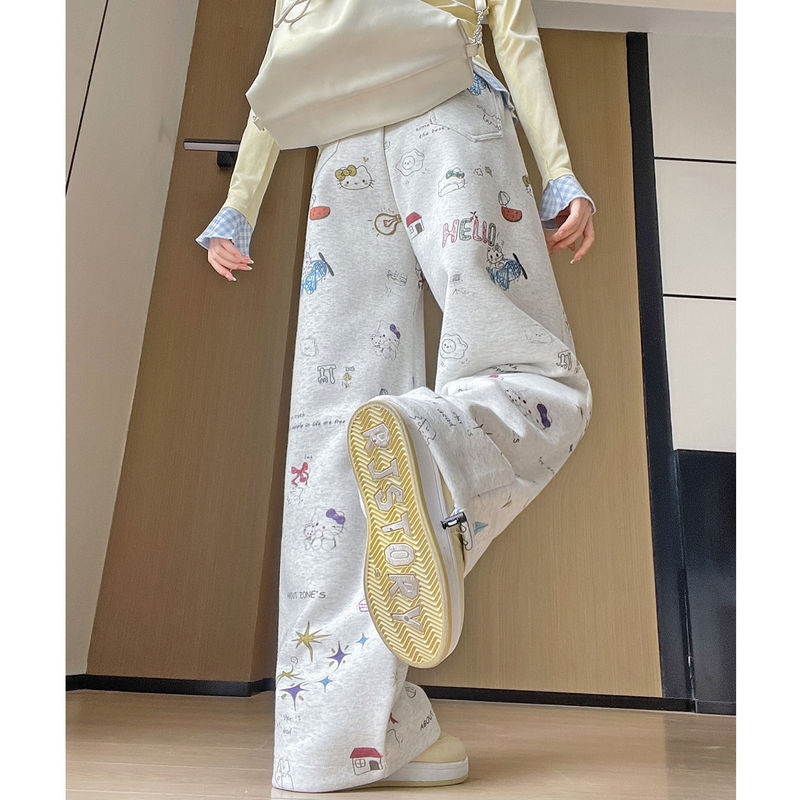 White and Gray New Women's Autumn and Winter Cute Kitty Graffiti Print Casual Sweatpants Fleece-Lined Thickeneded Loose Wide-Leg Pants White and Gray New Women's Autumn and Winter Cute Kitty Graffiti Print Casual Sweatpants Fleece-Lined Thickeneded Loose Wide-Leg Pants