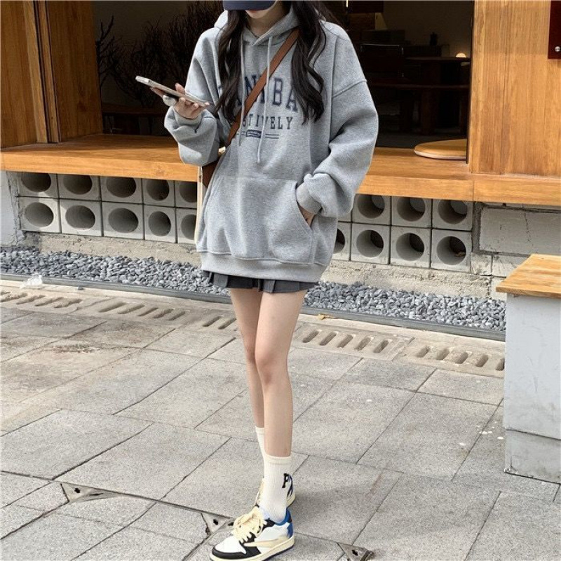 그레이 아메리칸 스타일 후드 가을과 겨울 기모 외부 스웨터 여성 학생 올 매치 오버 사이즈 루즈 뉴 코트 여성