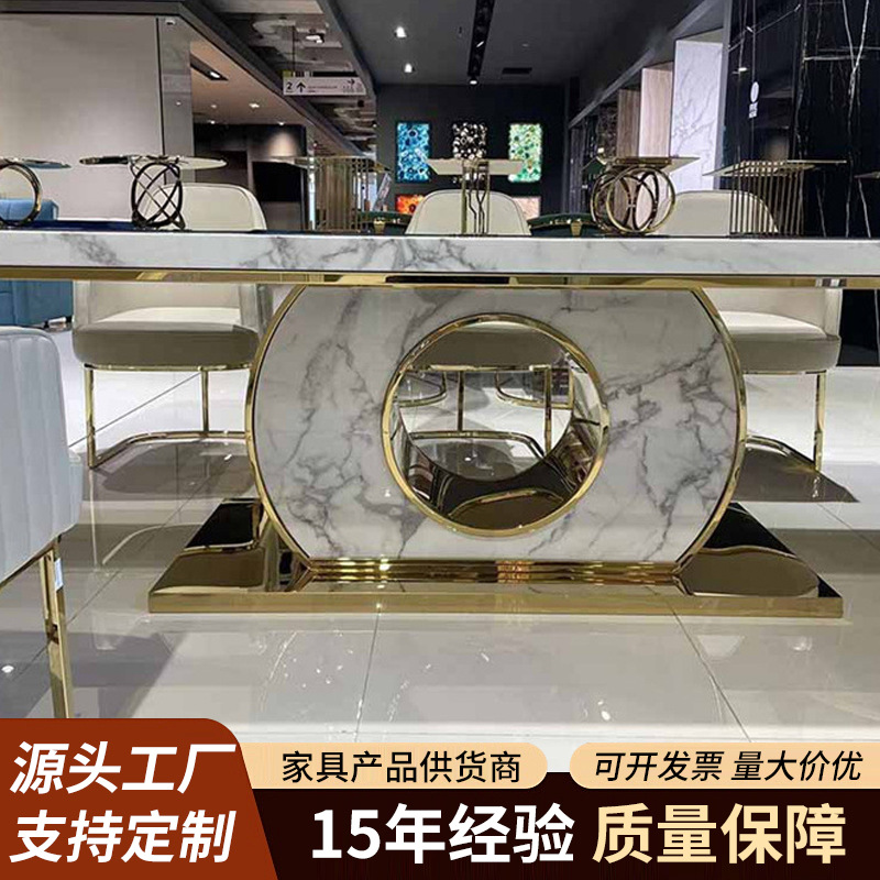 An08 Luxury Round Coin-Shaped Gold-Plated Dining Table Set for 10 People, Modern Minimalist Style Dining Table, Marble Table and Chair Set
