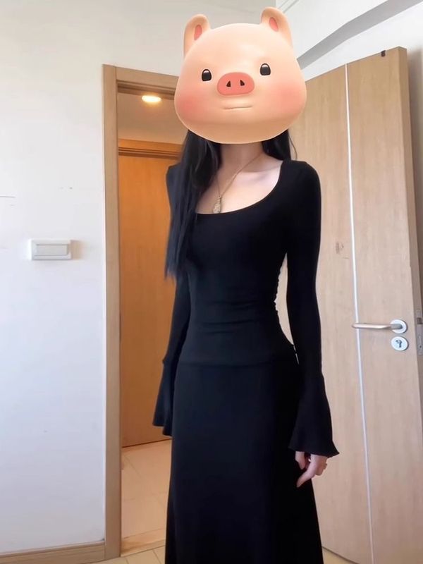 法式赫本风黑色长袖连衣裙女秋装2025新款气质修身御姐包臀长裙子|undefined