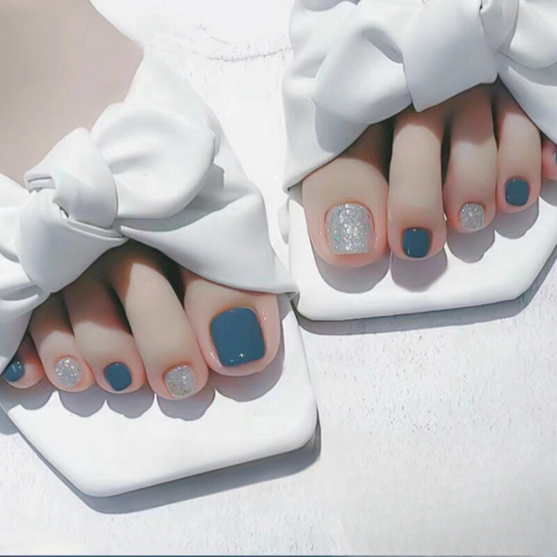 J79-Haze Blue Wear Toenail Finished Laser Powder Foot Nail Patch Summer Flash Foot False Nail Patch