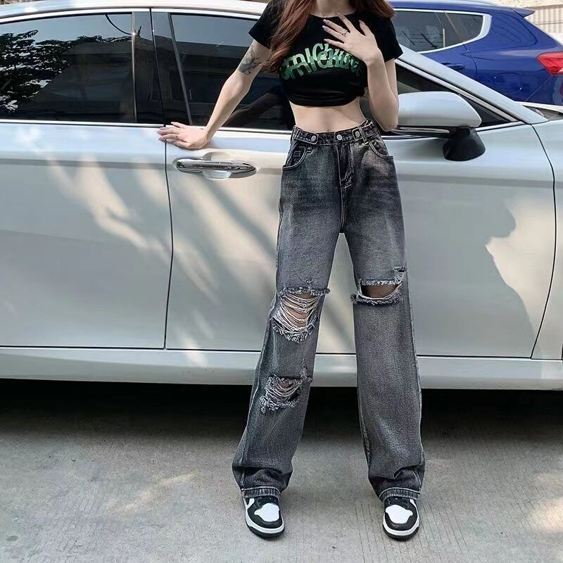 Summer Korean-Style Short-Sleeve T-Shirt with a Sweet and Cool Ins-Style Vibe, Trendy Slim-Fit Personality Ripped Jeans for Women