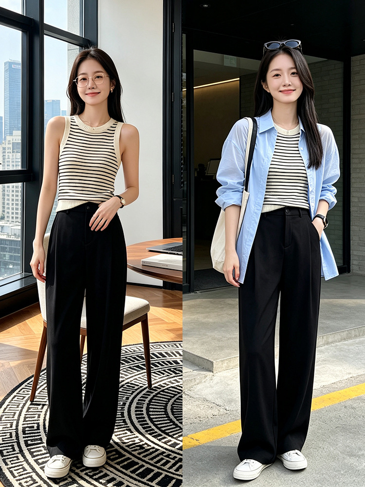 Quần tây nữ ống rộng cạp cao dáng suông, chất liệu mát mẻ chống nhăn, phù hợp đi làm mùa hè — Mát mẻ, rũ và chống nhăn - màu xanh lơ đen (cạp chun)
