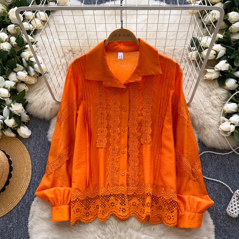 French Romantic Style Heavy Lace Personalized Shirt for Women, Early Spring Outfit, Long-Sleeved Loose Cardigan, Workwear Top