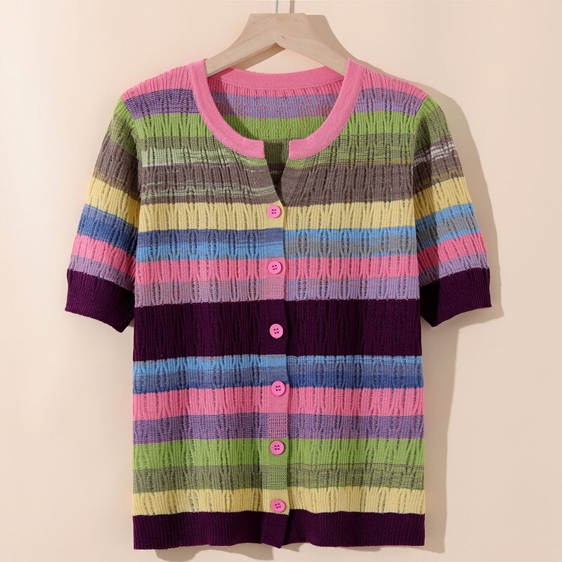 Rainbow Striped Cardigan for Women 2026 Summer Thin Breathable Short-Sleeve Knit Top Fashionable Stylish Shirt for Women