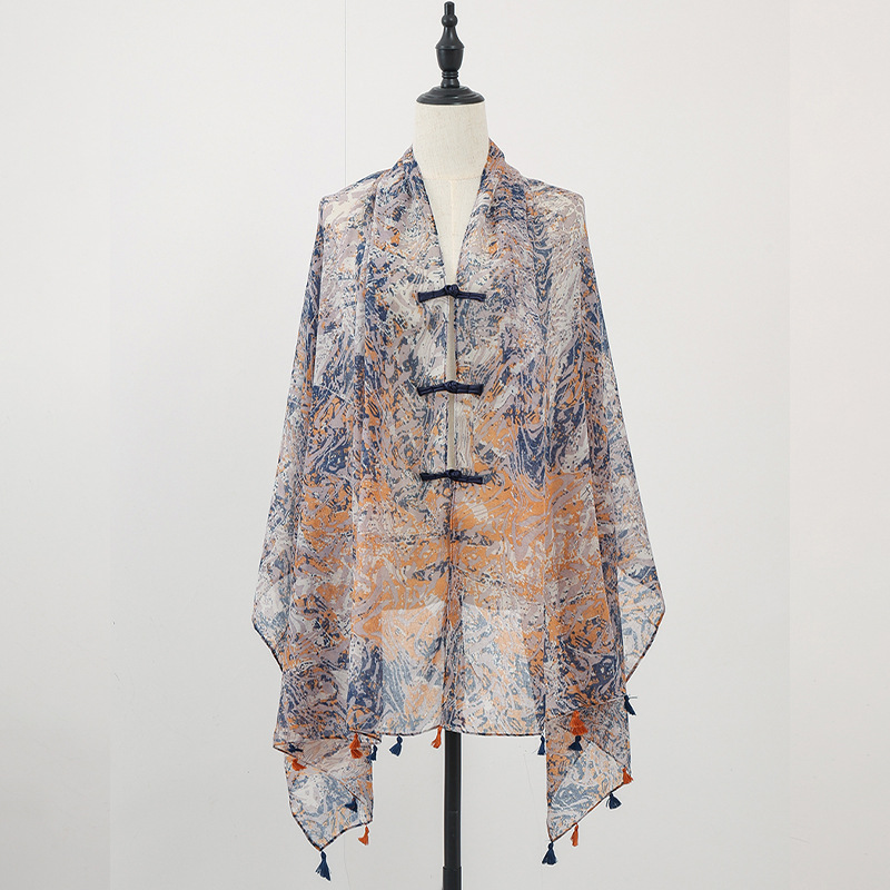 Chal de verano con falda, estampado de verano, nuevo estilo chino, bufanda de seda con hebilla, chal de protección solar, chaleco pequeño