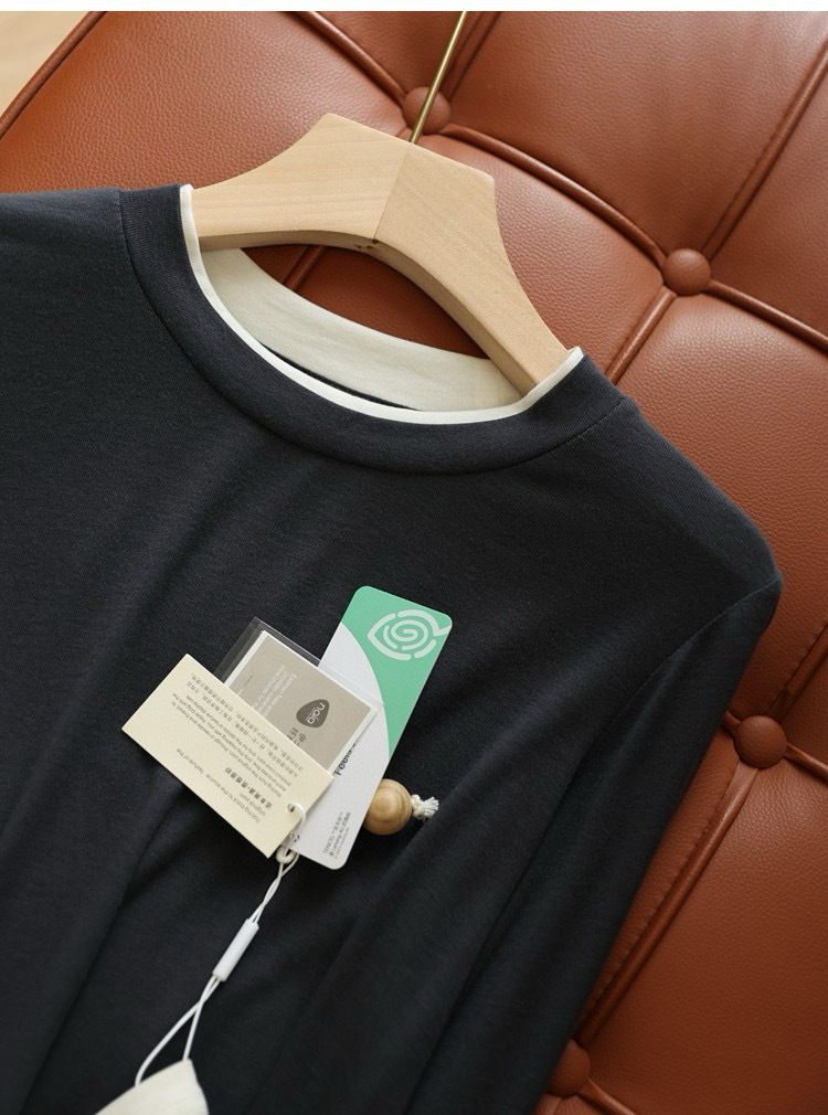 在庫あり ソフトエラストマー素材マスクTシャツ Tシャツ風リヨセル混紡 フェイクツーピース風配色切り替えラウンドネック長袖Tシャツ レディース