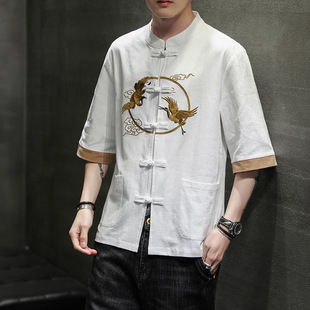 New Chinese Style Linen Shirt for Men, Summer Tang Suit Hanfu Embroidery Retro Button Cotton and Linen Short-Sleeve Plus Size Shirt for Men
