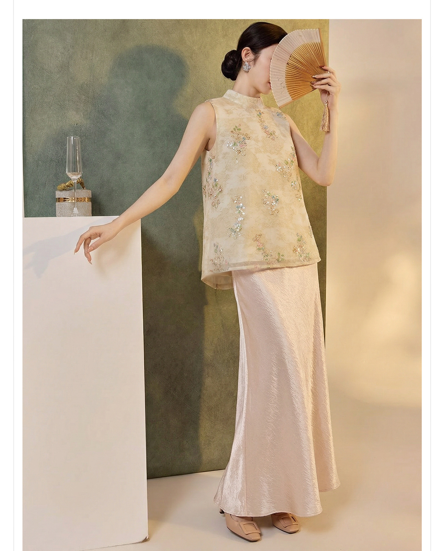 Bộ áo vest không tay lưới thêu đính cườm phong cách Tân Trung Hoa kèm chân váy nửa kín ZX P0337 — bộ đồ, Champagne màu nửa váy, Áo khoác màu mơ chi tiết 7