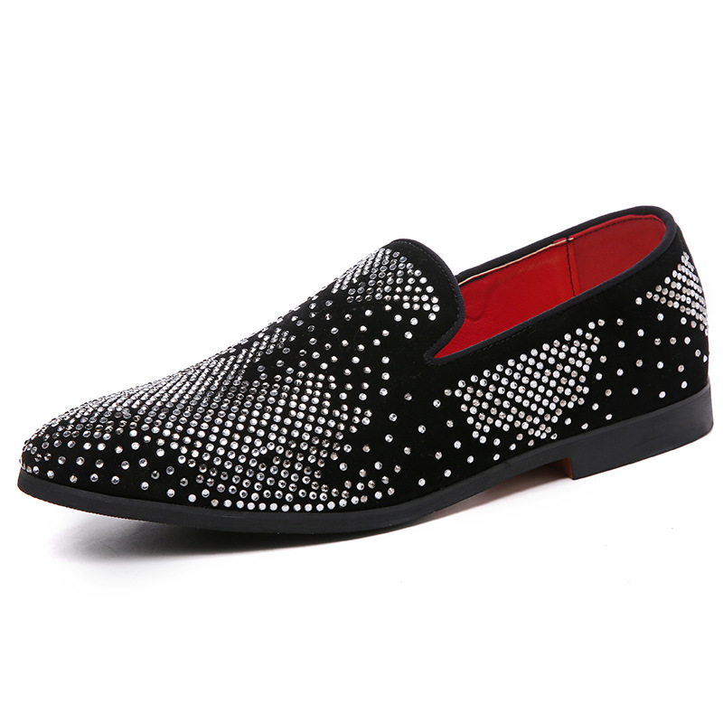 Men's Small Leather Shoes Tide Loafers Rhinestone Pointed Toe Leather Shoes_vogvips.com