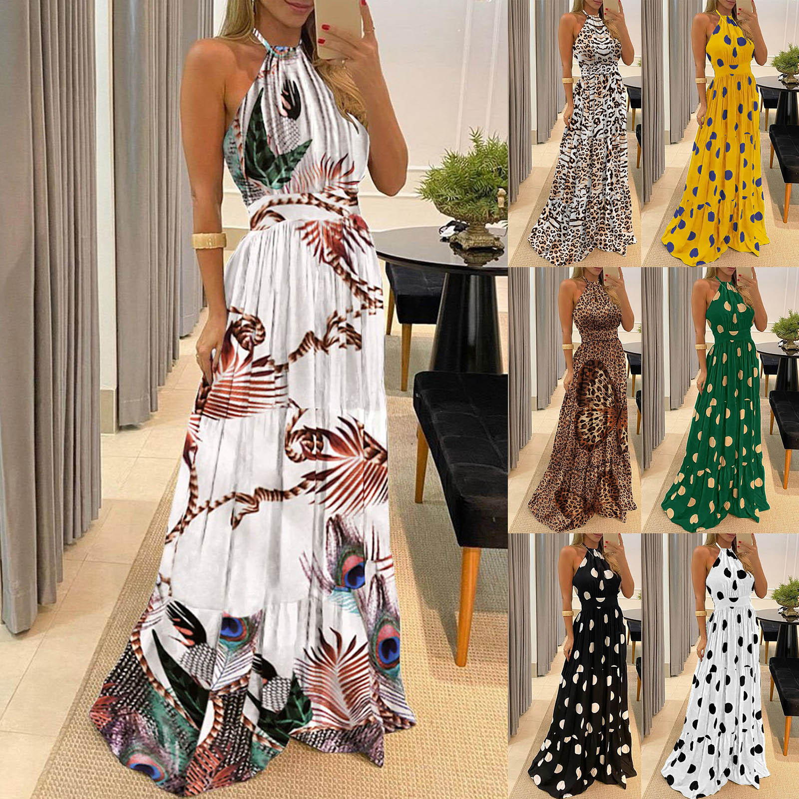 Women's Boho Dress Bohemian Halter Neck Printing Sleeveless Polka Dots Leopard Maxi Long Dress Holiday display picture 1