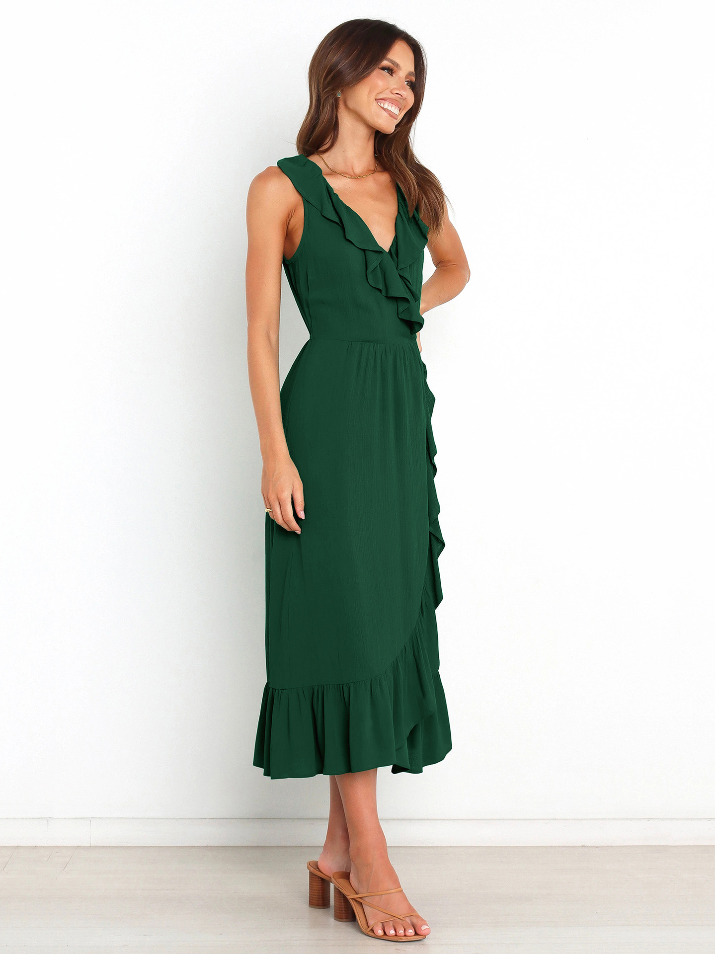 Elegant Solid Color V Neck Sleeveless Ruffles Viscose fiber Midi Dress Regular Dress