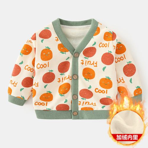 Baby cardigan for winter: Kids' clothing, knitted boys' thickened winter wear, girls' fleece-lined children's apparel, and infant autumn/winter outerwear