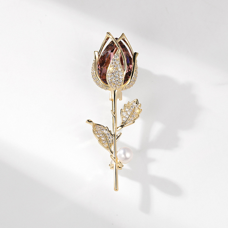 Spilla rosa tridimensionale di alta qualità, spilla in zircone con perla portaoggetti vuoto_voghion.com