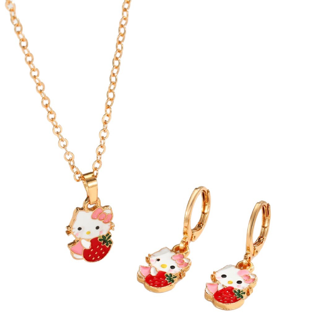 Transfronterizos lindos dibujos animados goteo de aceite colorido oso princesa Kitty gato pendientes collar para niños regalos juegos de joyas