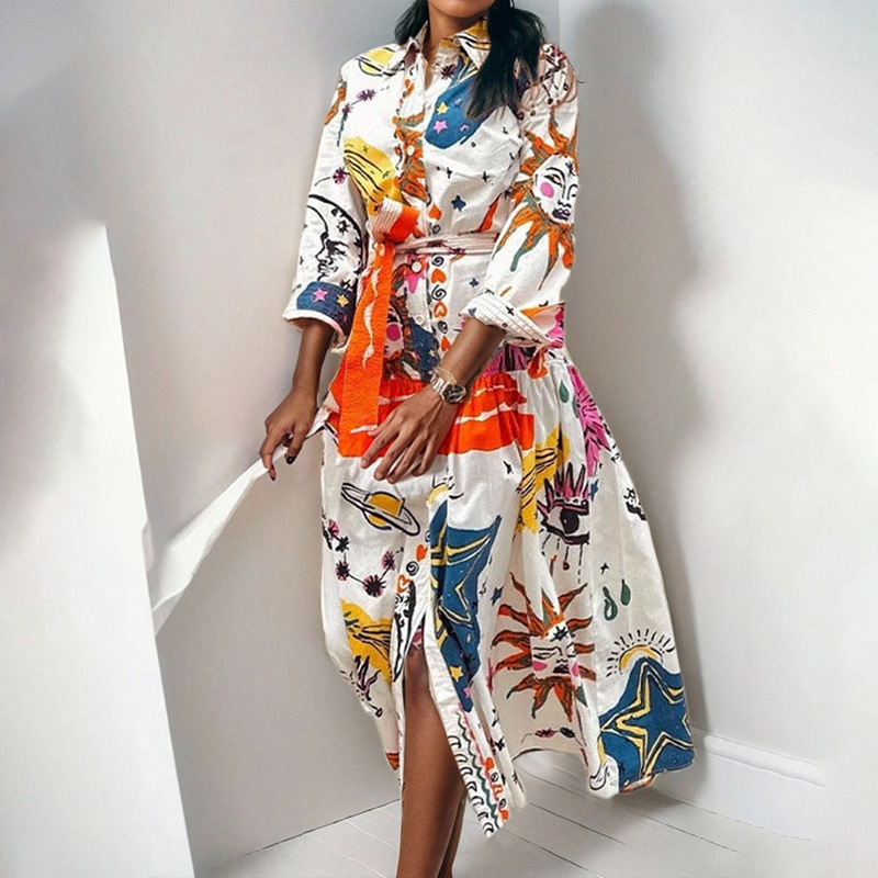 Women's Fashion Quirky Painted Pattern Design Side Slit Printed Long Sleeve Dress_ecoleips.com