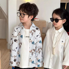 Children's shirts 2024 autumn new Korean style children's shirts for boys and girls fashion full-print animal lapel shirts trendy