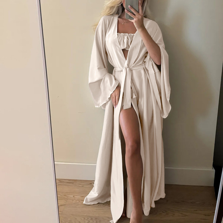 Cross-Border Women's Long-Sleeved Cardigan Robe Tube Top Shorts Casual Three-Piece Set 2025 New Lazy Style Pajamas Set