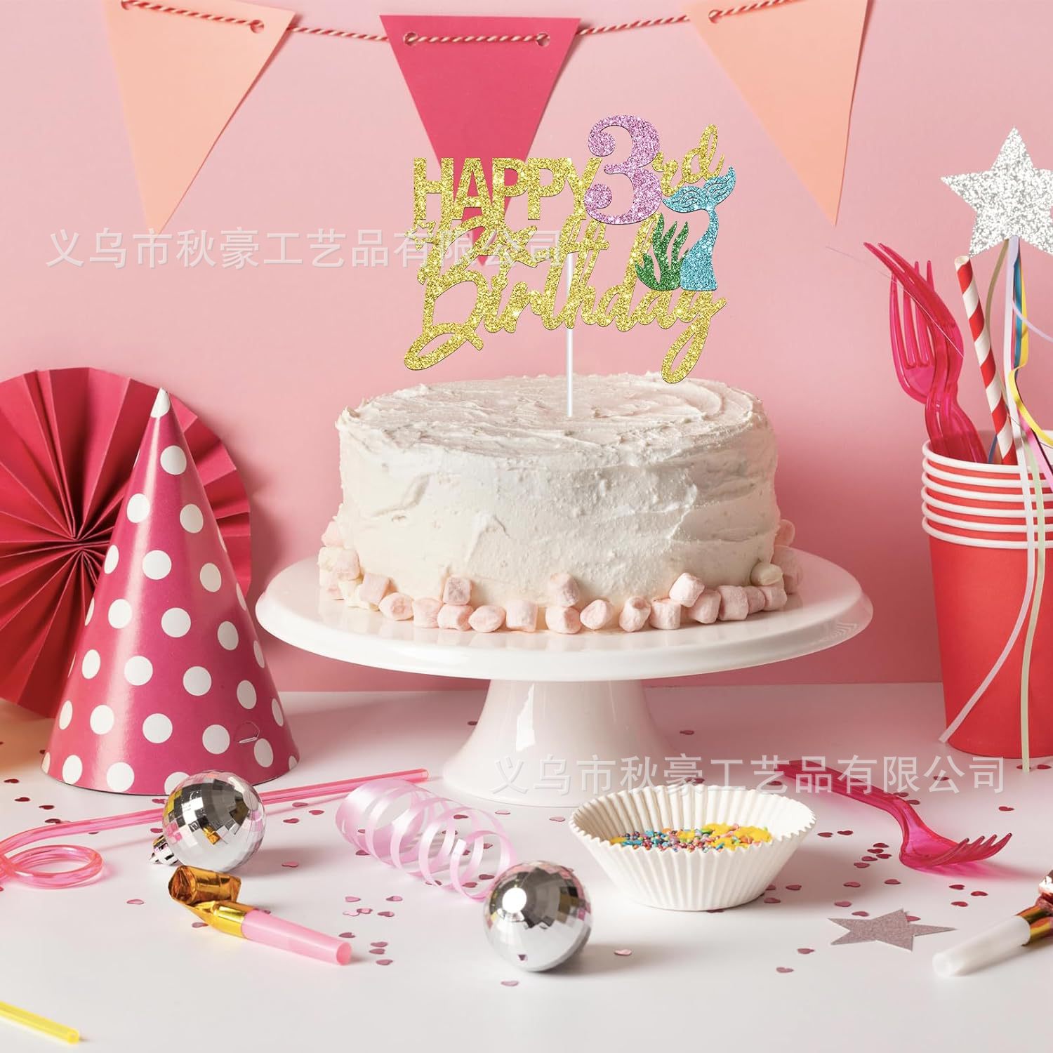 Mermaid Happy 3rd Birthday Cake Decoration Gold Flasher Mermaid Cake Decoration Ocean Theme