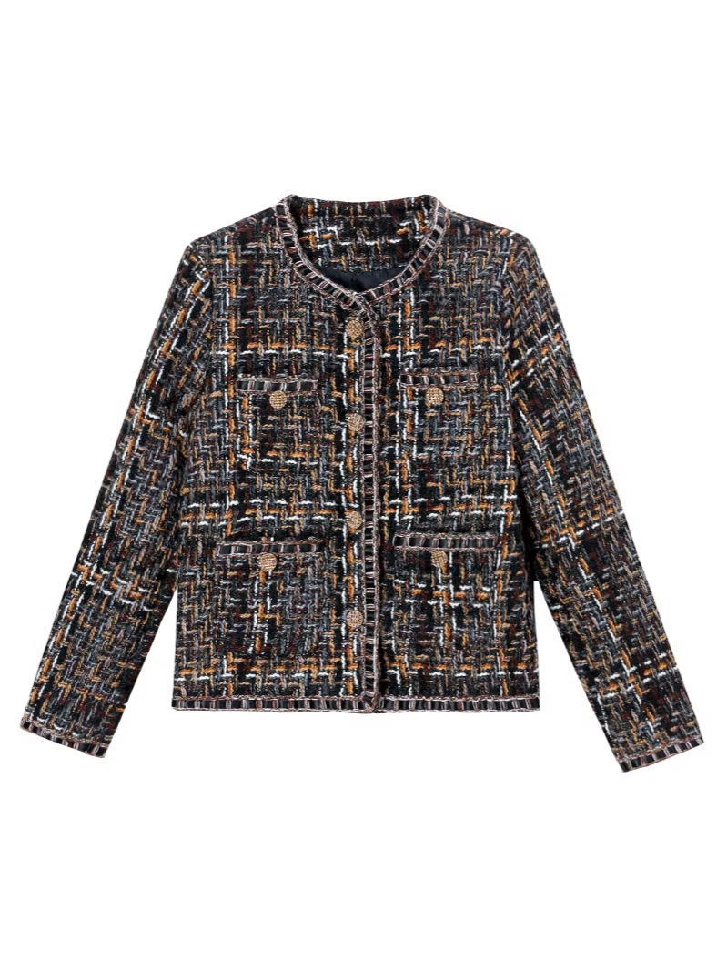 Áo khoác ngắn nữ phong cách Pháp cổ điển chất liệu tweed cao cấp — màu nâu