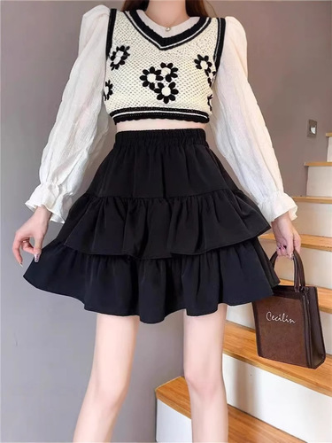 Black Puff Cake Skirt Women's Summer New Elastic High Waist Slimming Petite Anti-See-Through A-Line Mini Skirt
