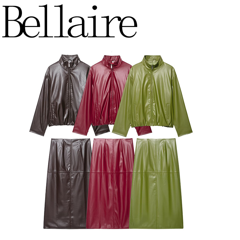 Za Foreign Trade Wholesale European and American Style Women's Clothing, American Retro Leather Skirt, Stand Collar Leather Jacket Set