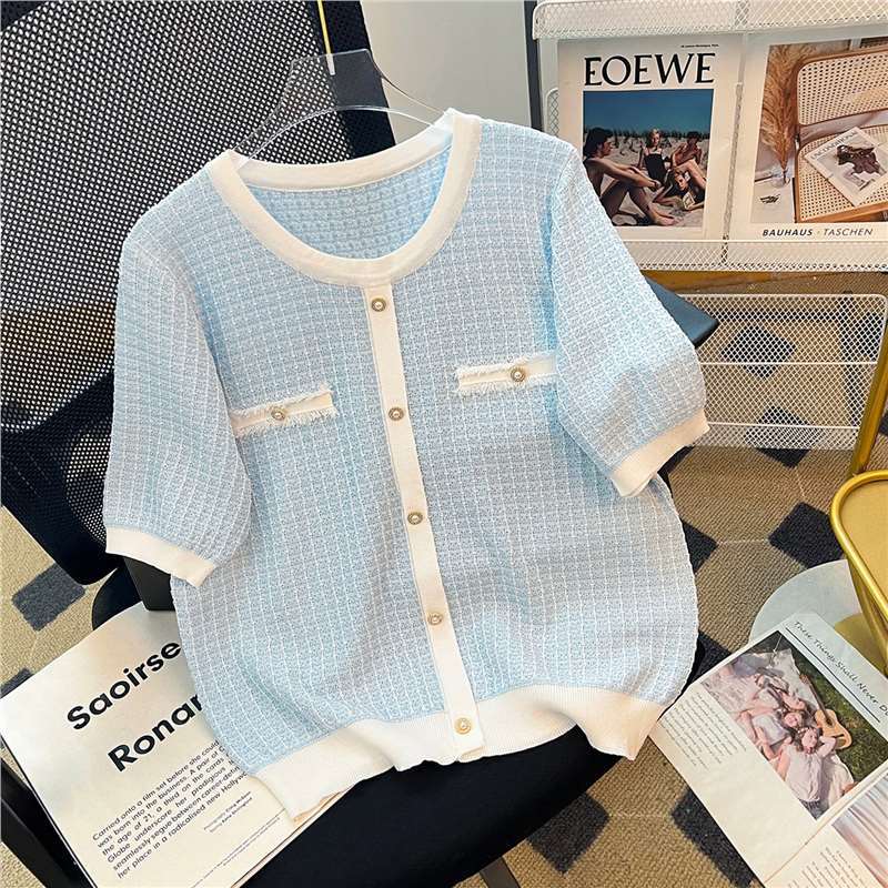 Summer Thin Ice Silk Short-Sleeved T-Shirt for Women, Loose, Stylish, Beautiful, High-End, French Style Small Fragrant Knitwear