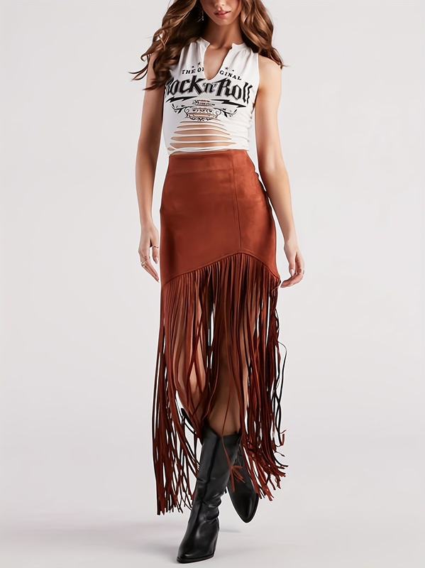 Women's Western Cowgirl Fringe Skirt Suede Bodycon Pencil|undefined
