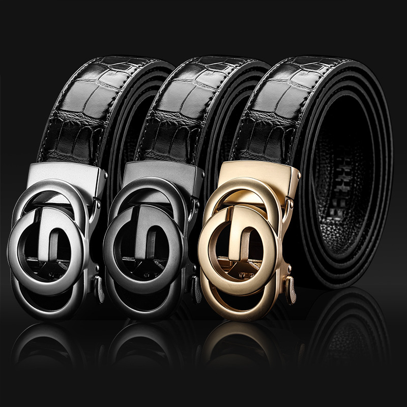 Men's Casual Alloy Genuine Leather Automatic Buckle Belt, Business Crocodile Pattern Waist Belt, Versatile Light Luxury Personalized Letter Belt