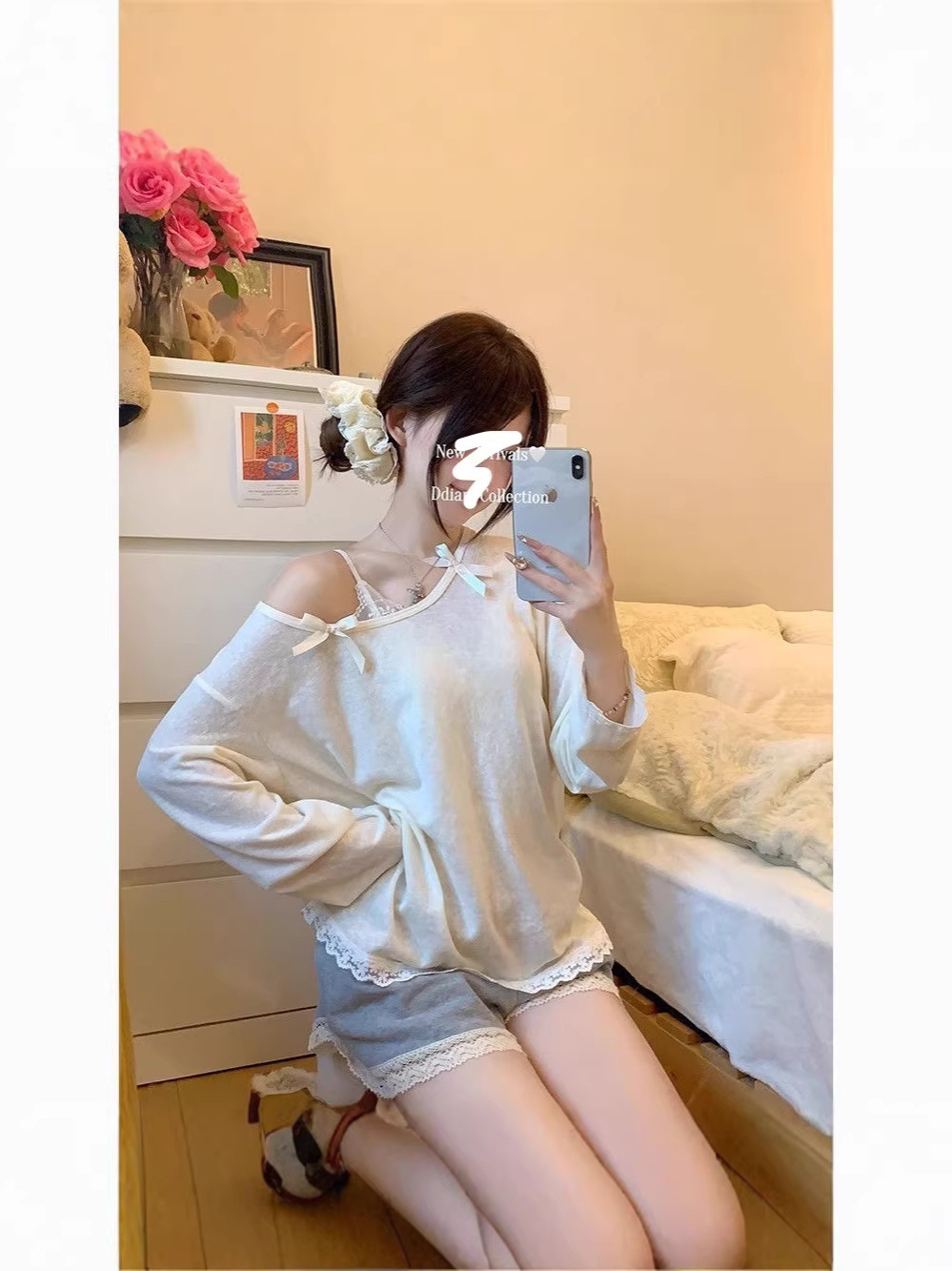 Asymmetrical Collar Bow Long-Sleeve Sun-Protective T-Shirt for Women, Spring 2026 New Korean Style Loose Lace Patchwork Top