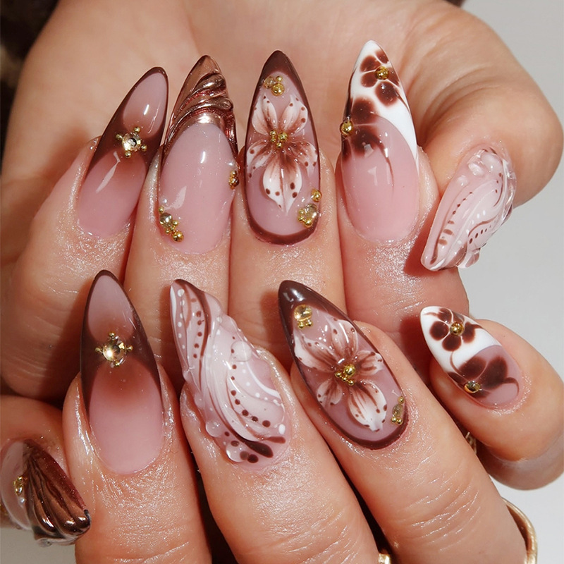 Cross-Border Hot-Selling Various Almond-Shaped Wearable Nails with Flower Patterns, Geometric Color Splicing, Rivets and Decorative Fake Nails