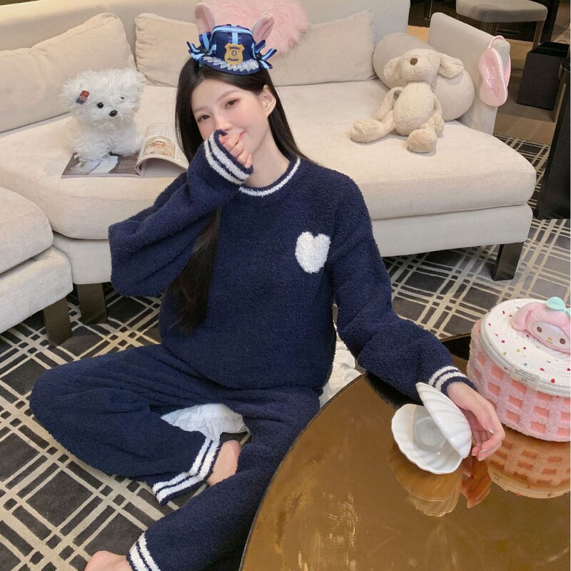 Autumn and Winter New Soft Half-Velvet Heart Pajamas for Women Winter High-End Feather Yarn Home Clothes Thickeneded