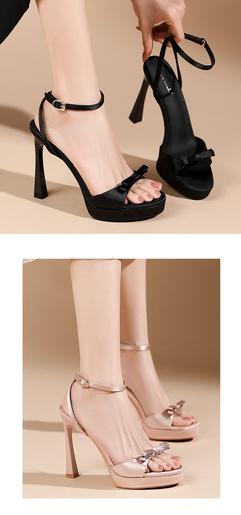 Sandal cao gót nữ hở mũi phối nơ satin quai ngang khóa móc, gót 9 cm — Champagne-9cm chi tiết 6
