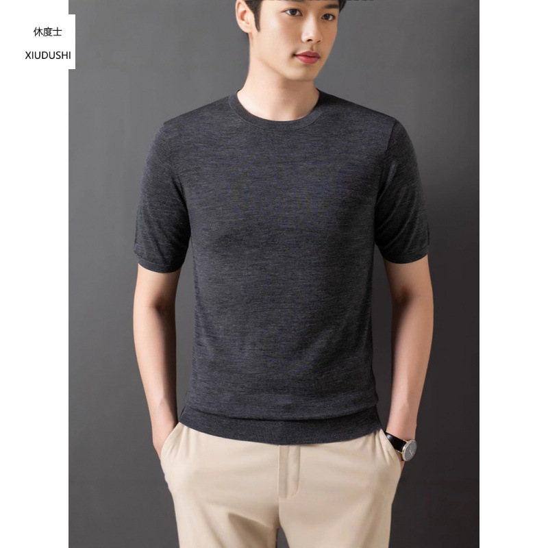 Fine-Spun All-Wool Short-Sleeved T-Shirt Men's Polo Shirt Summer Casual Casual Knitwear for Young and Middle-Aged Men in Solid Colors
