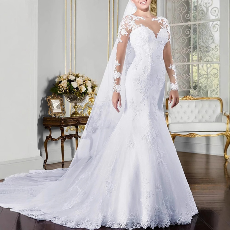 Fishtail Wedding Dress 2025 New Bride Wedding European and American Long-Sleeved Shoulder Lace Slimming Look Simple Trailing Palace Retro