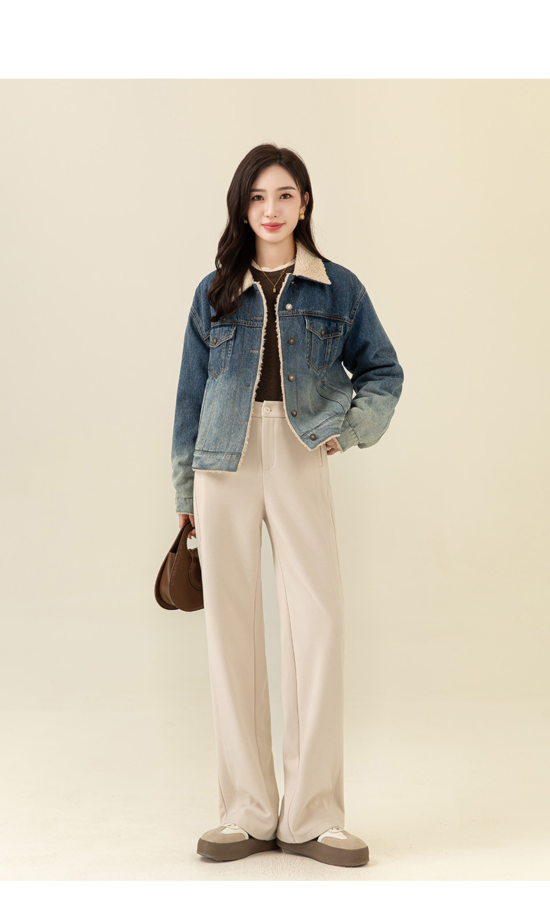 Áo khoác ngắn nữ denim phối màu giả lông cừu, dày dặn giữ ấm — Chuyển dần xanh lam chi tiết 24