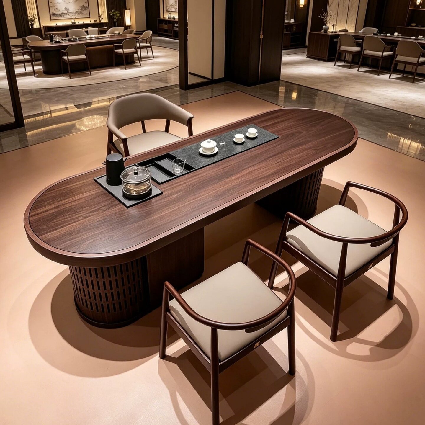New Chinese-Style Solid Wood Tea Table and Chair Set, North American Black Walnut Oval Balcony Tea Table, Tea Brewing Table with Song-Style Aesthetics