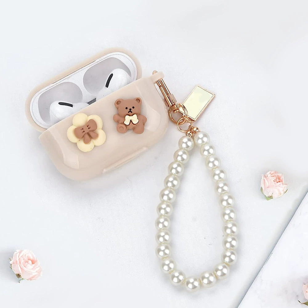 Защитный чехол для AirPods (1/2/3/4, Pro/Pro2/Pro3) — милый 3D мультяшный бежевый с жемчужным ремешком