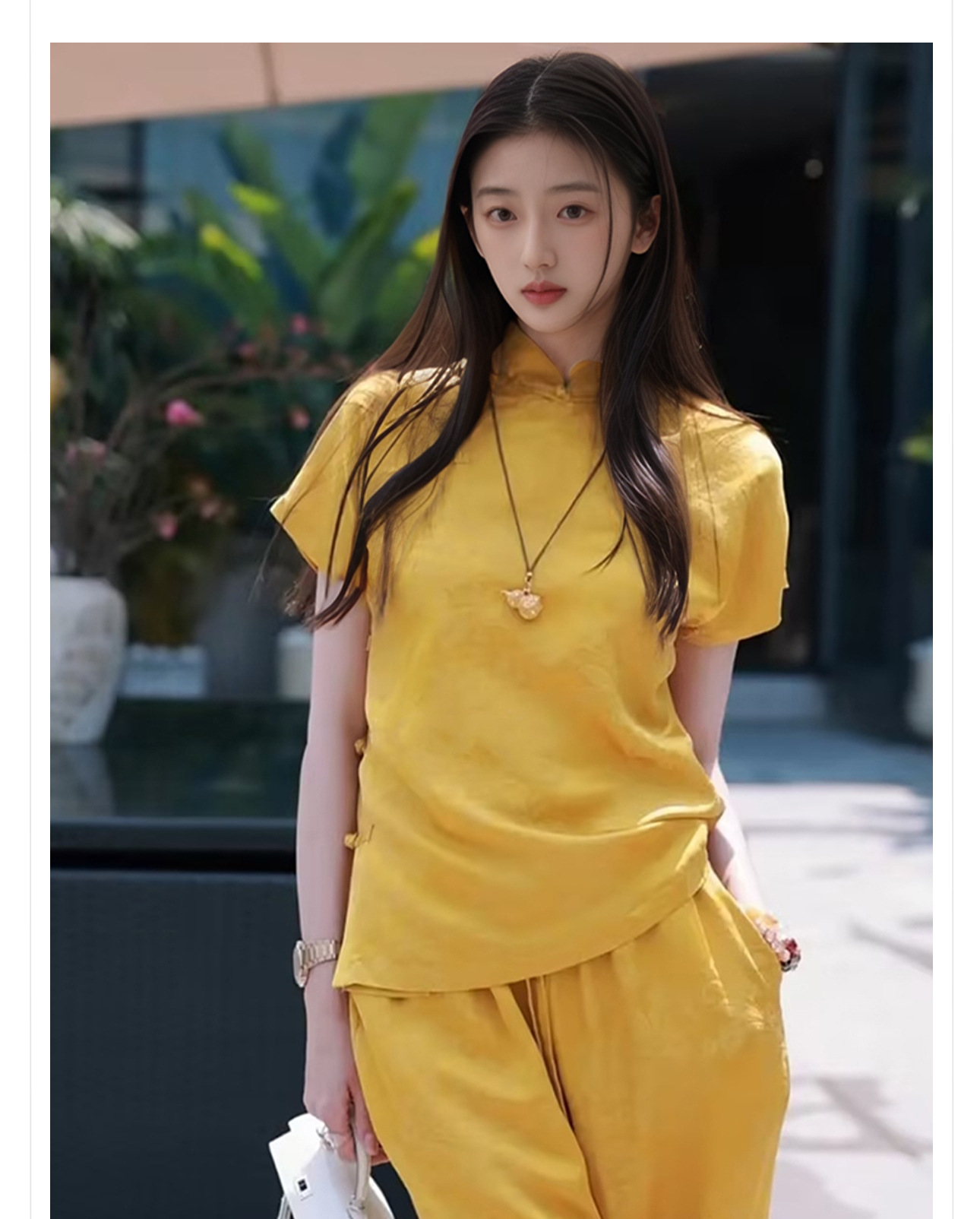 Bộ áo quần hai mảnh phong cách Trung Hoa mới cổ đứng jacquard mùa hè — Áo màu vàng, Quần dài màu vàng chi tiết 2