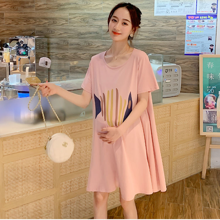 Maternity Dress Spring and Summer Mid-Length Maternity Wear Summer Suit Top Short-Sleeved Thin Loose Outer Wear Maternity Dress